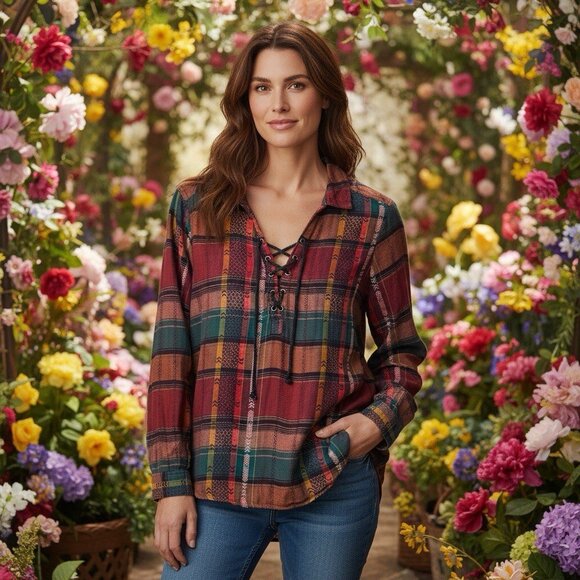 MUDD Y2K Burgundy Plaid Flannel Lace-Up Womens Boho Peasant Top Size Large - Picture 5 of 10